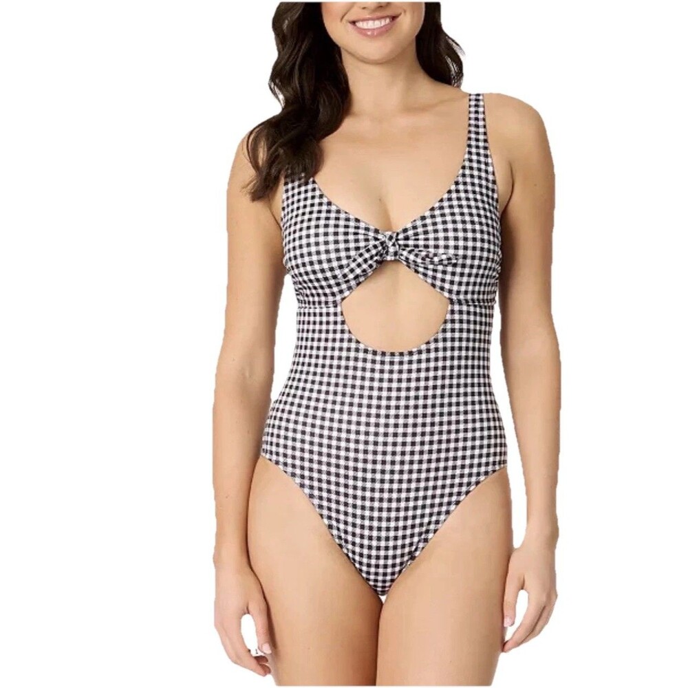Salt + Cove Juniors Cutout Plaid One-Piece Swimsuit Size Medium Black White NWT